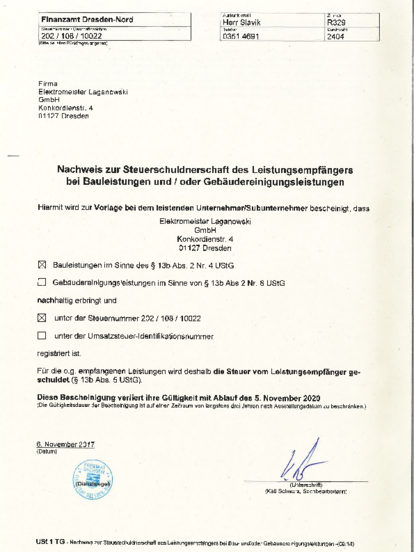 Steuerschuldnerschaft bei Elektromeister Laganowski GmbH in Dresden